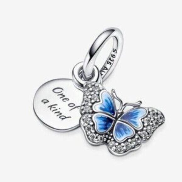 Pandora Blue Butterfly & Quote Double Dangle Charm - Picture 2 of 5